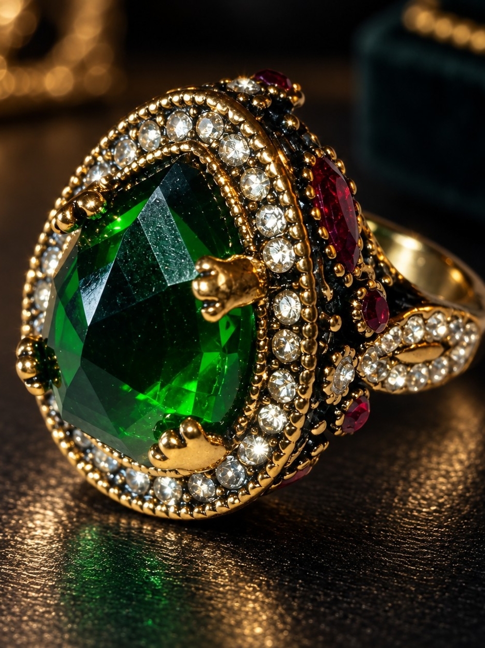 Women’s Size 8 Gold Tone Green Red Crystal Statement Cocktail Ring